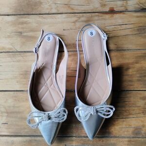 New, BCBGeneration Silver Slingback Pointed ToeFlats with Rhinestone Bow, Size 8